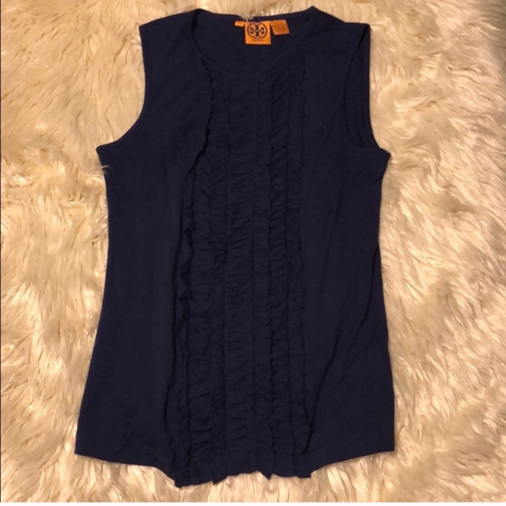 Tory Burch Navy Sleeveless Ruffle-Front Tank